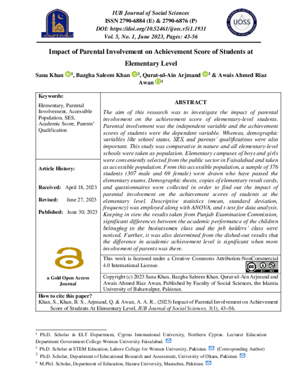 (PDF) Impact of Parental Involvement on Achievement Score of Students ...