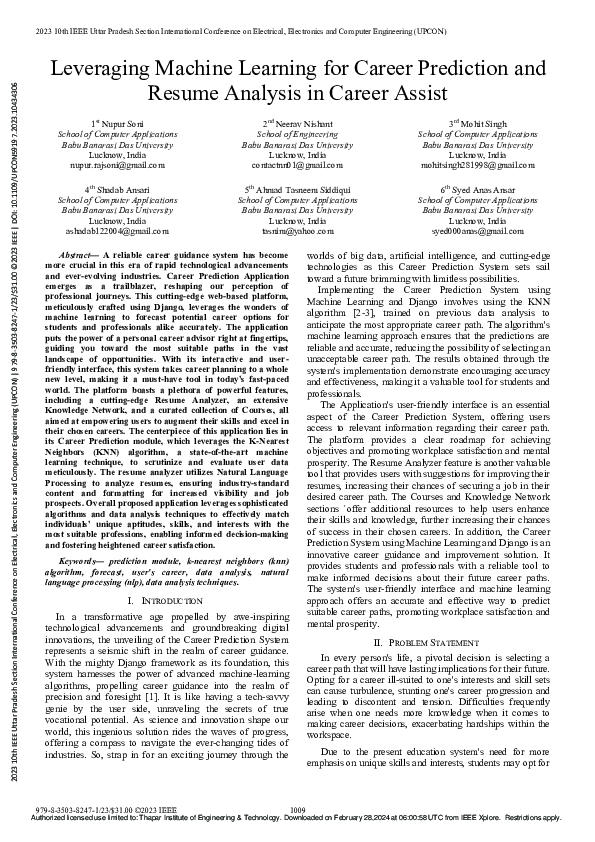 (PDF) Leveraging Machine Learning for Career Prediction and Resume ...