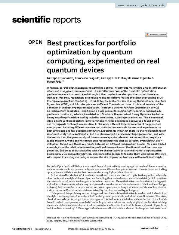 (PDF) Best practices for portfolio optimization by quantum computing ...