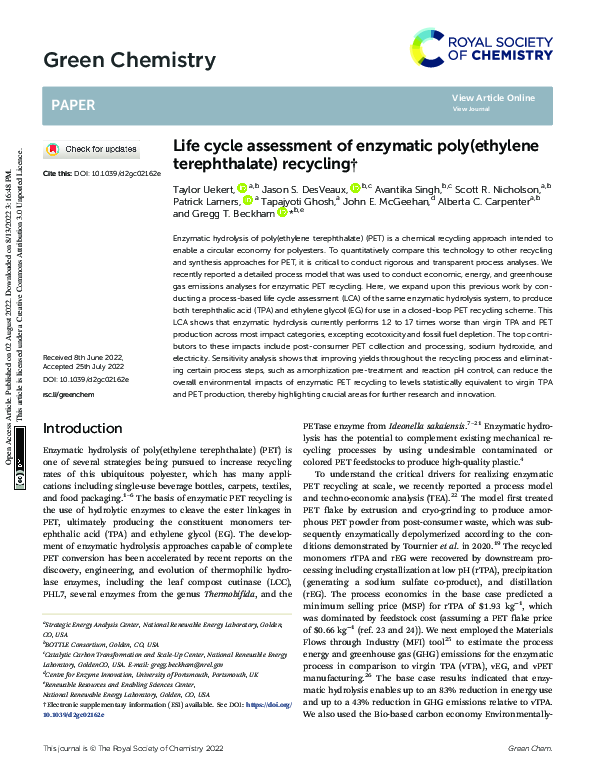 (PDF) Life cycle assessment of enzymatic poly(ethylene terephthalate ...