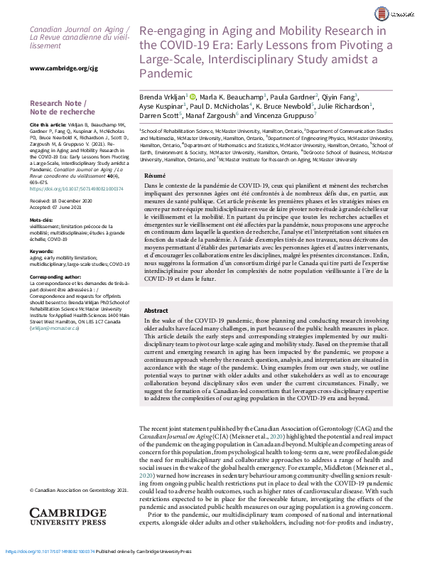 (PDF) Re-engaging in Aging and Mobility Research in the COVID-19 Era ...