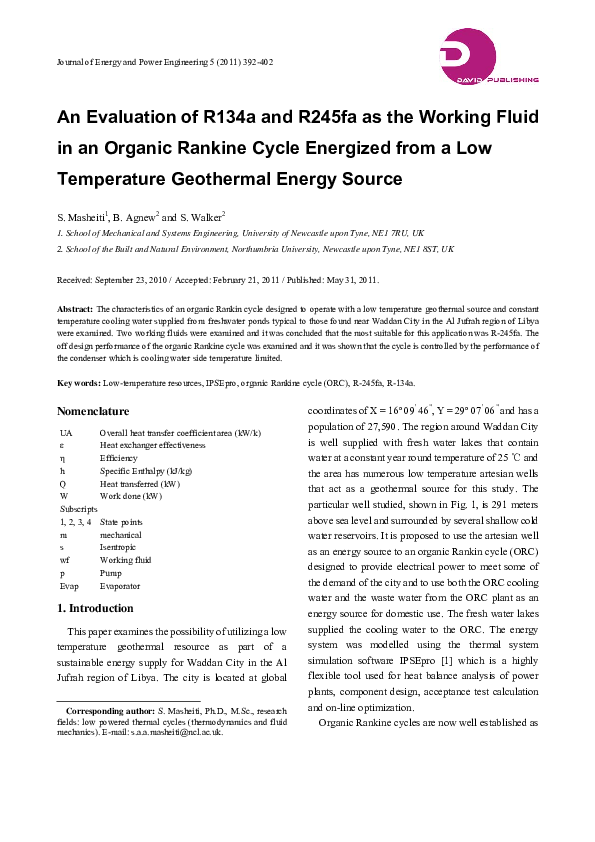 (PDF) An Evaluation of R134a and R245fa as the Working Fluid in an ...