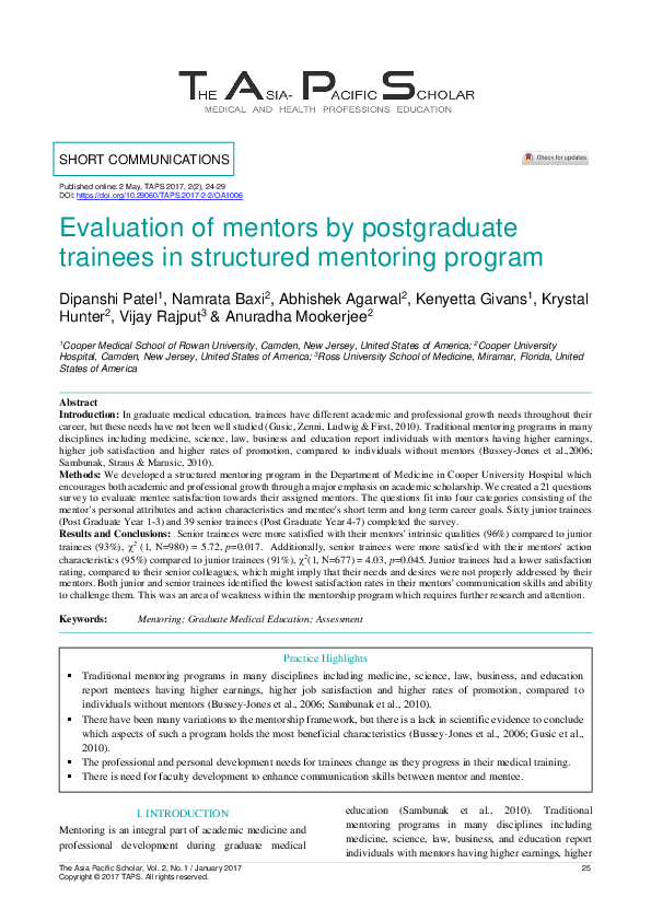 (PDF) Evaluation of mentors by postgraduate trainees in structured ...