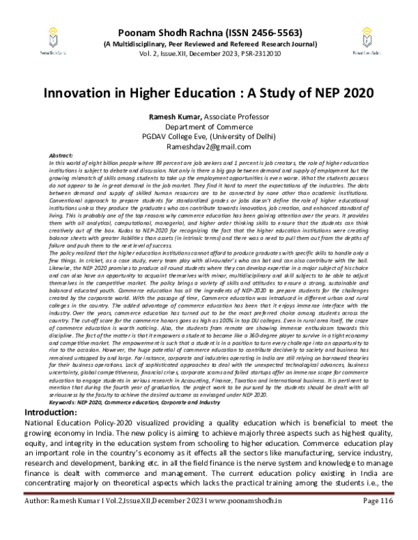 (PDF) Innovation in Higher Education : A Study of NEP 2020