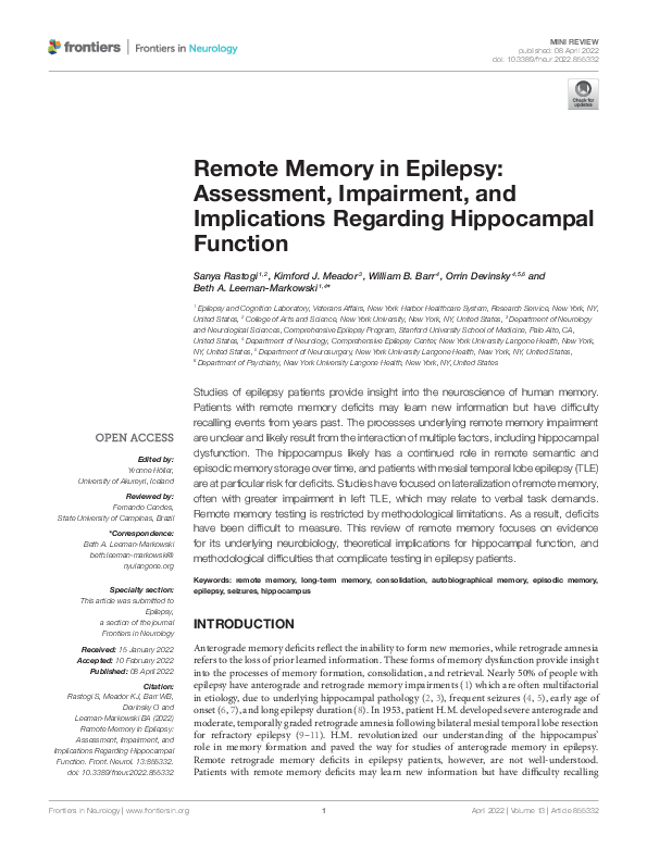 (PDF) Remote Memory in Epilepsy Assessment, Impairment, and