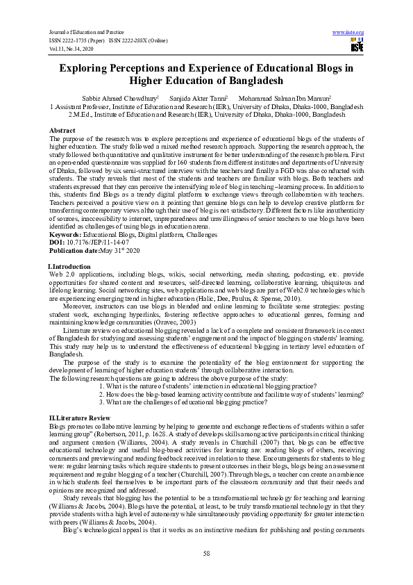 (PDF) Exploring Perceptions and Experience of Educational Blogs in ...