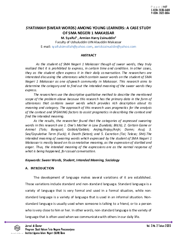 (PDF) Syatiimah (Swear Words) Among Young Learners: A Case Study of Sma ...