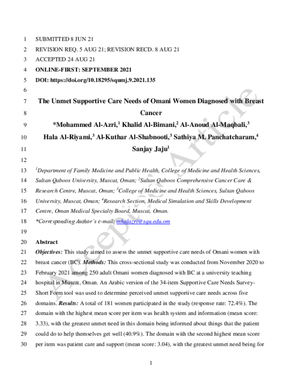 (PDF) The Unmet Supportive Care Needs of Omani Women Diagnosed with ...