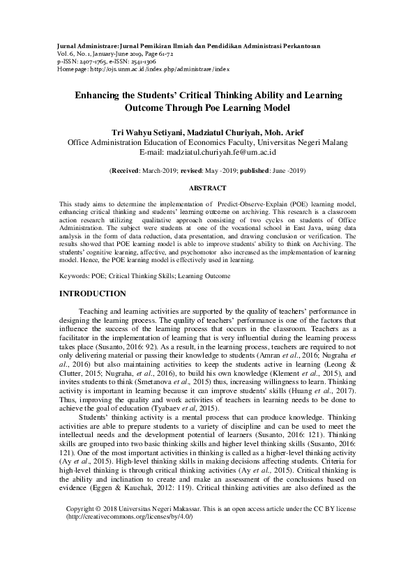 (PDF) Enhancing the Students’ Critical Thinking Ability and Learning ...