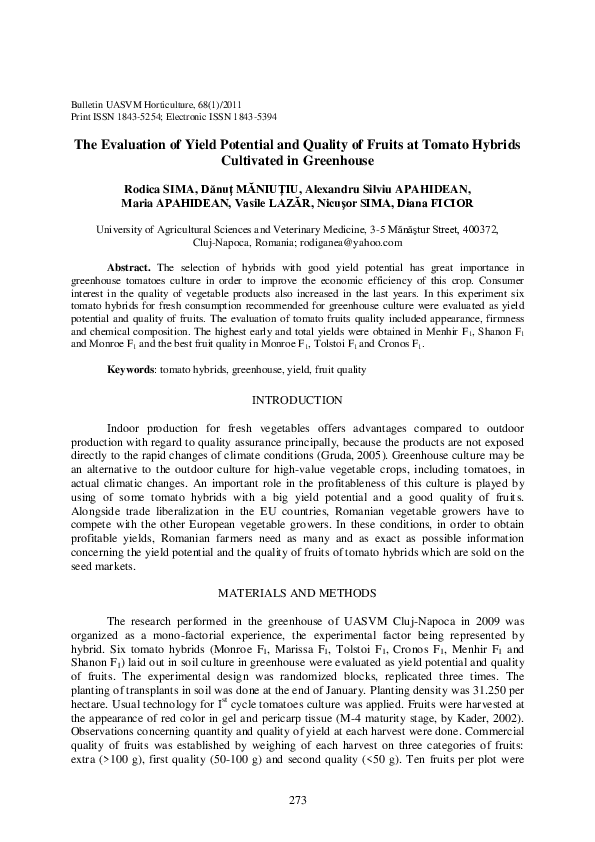 (PDF) The Evaluation of Yield Potential and Quality of Fruits at Tomato ...