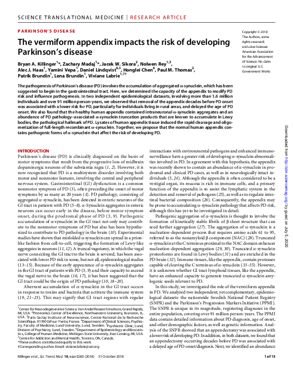 (PDF) The vermiform appendix impacts the risk of developing Parkinson’s ...