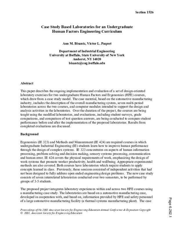 (PDF) Case Study Based Laboratories For An Undergraduate Human Factors ...