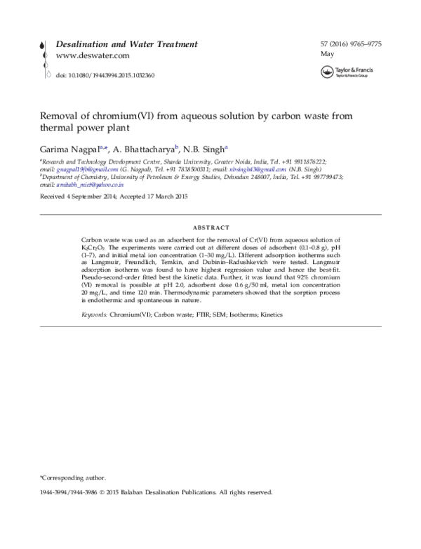 (PDF) Removal of chromium(VI) from aqueous solution by carbon waste ...
