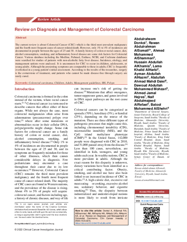 (PDF) Review on Diagnosis and Management of Colorectal Carcinoma