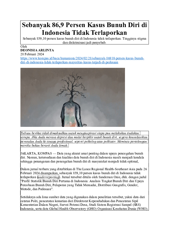 (DOC) Sebanyak 86,9 Persen Kasus Bunuh Diri di Indonesia Tidak Terlaporkan