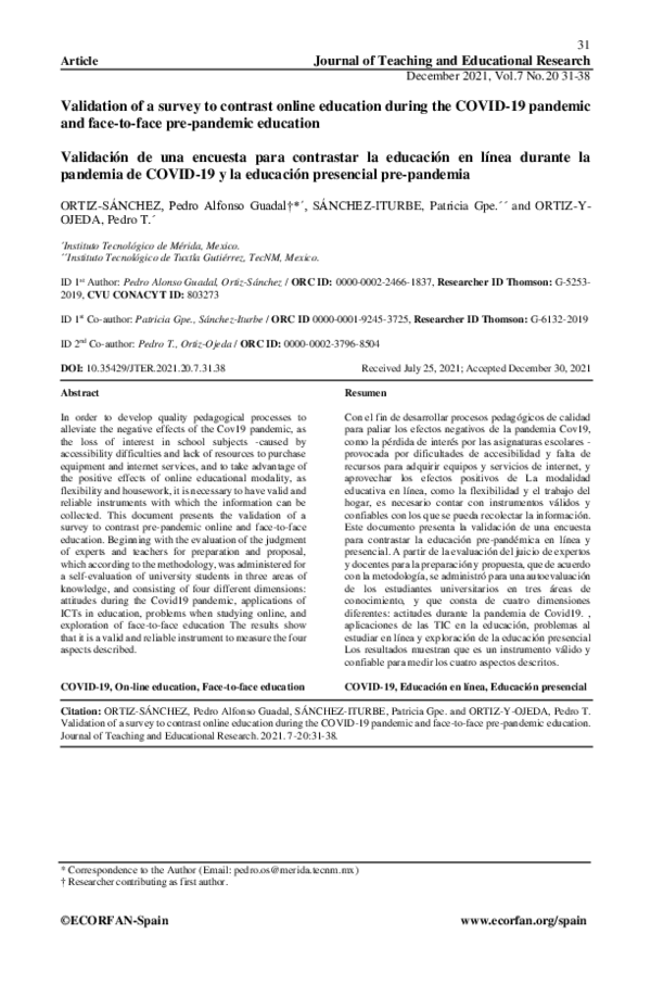 (PDF) Validation of a survey to contrast online education during the ...