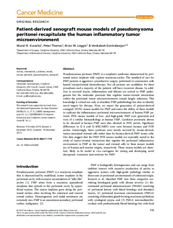 (PDF) Patient‐derived xenograft mouse models of pseudomyxoma peritonei ...