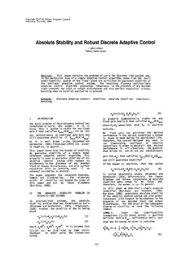 (PDF) Absolute Stability and Robust Discrete Adaptive Control
