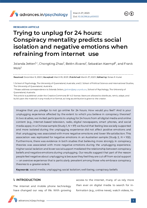 (PDF) Trying to unplug for 24 hours: Conspiracy mentality predicts ...