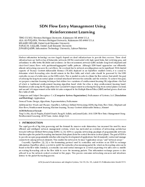 (PDF) SDN Flow Entry Management Using Reinforcement Learning
