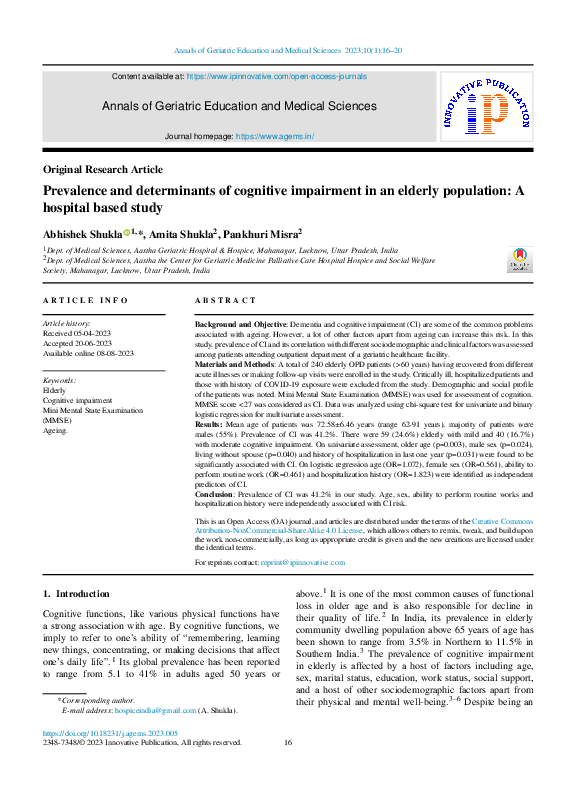 (PDF) Prevalence and determinants of cognitive impairment in an elderly ...