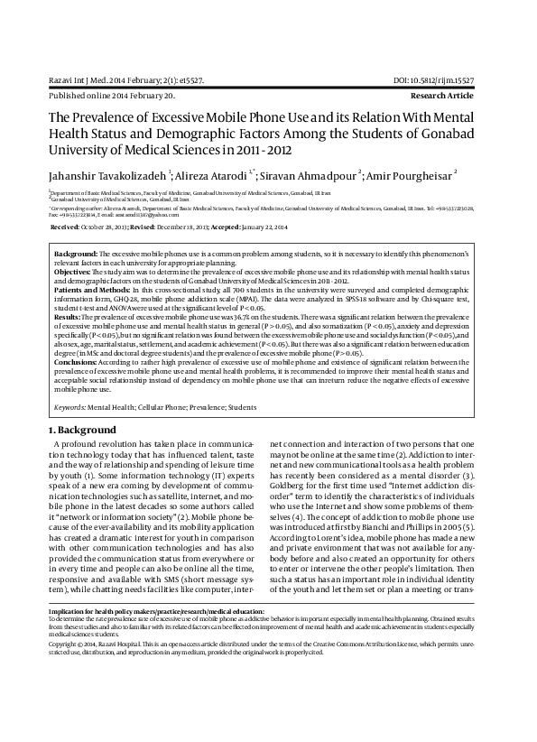 (PDF) The Prevalence of Excessive Mobile Phone Use and its Relation ...