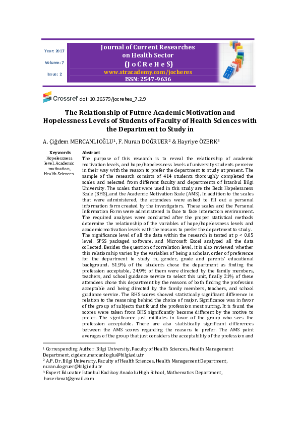 (PDF) The Relationship of Future Academic Motivation and Hopelessness ...
