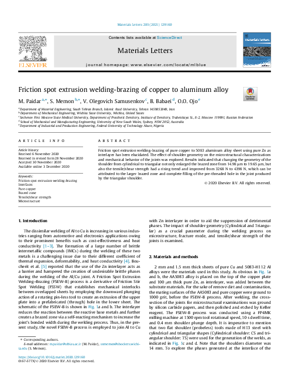 (PDF) Friction spot extrusion welding-brazing of copper to aluminum alloy