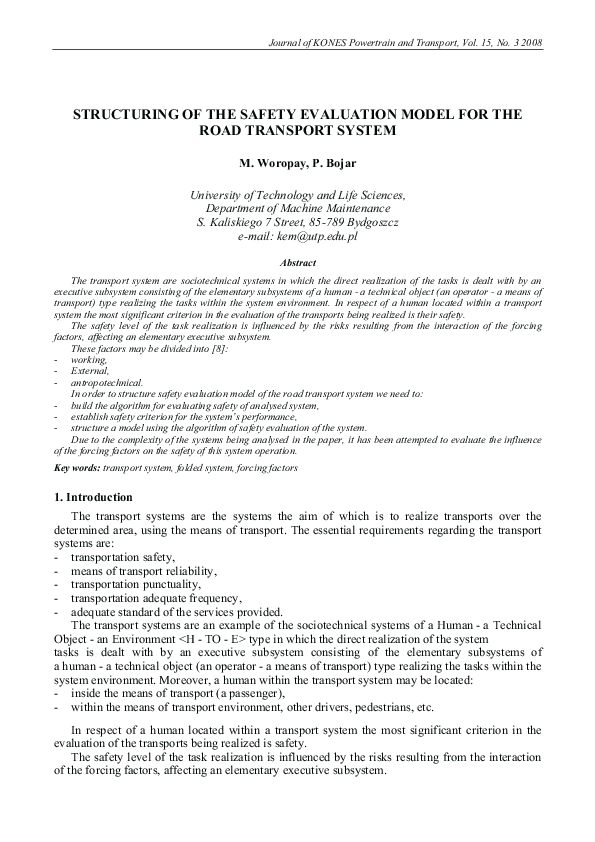 (PDF) Structuring of the Safety Evaluation Model for the Road Transport ...