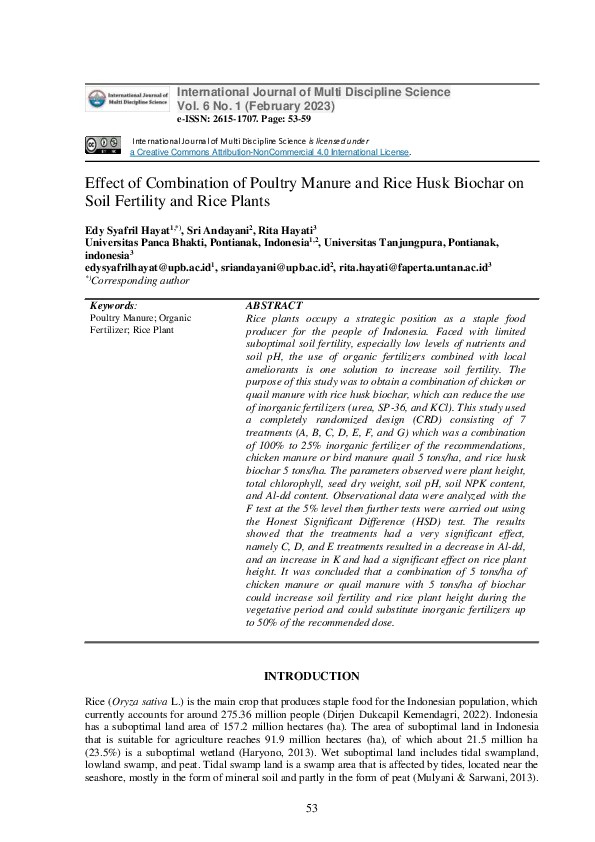 (PDF) Effect of Combination of Poultry Manure and Rice Husk Biochar on ...