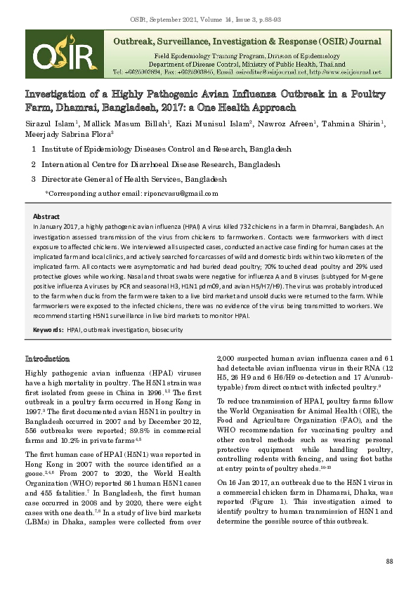 (PDF) Investigation of a Highly Pathogenic Avian Influenza Outbreak in ...