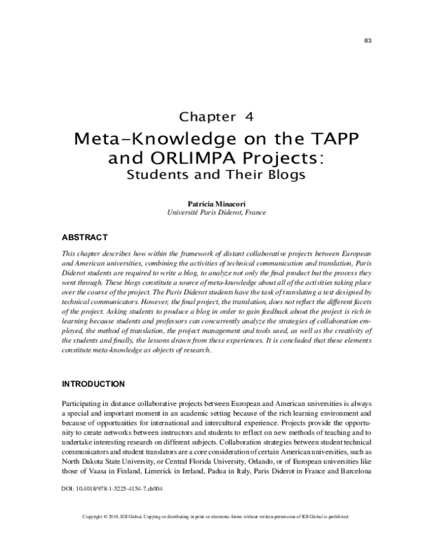 (PDF) Meta-Knowledge on the TAPP and ORLIMPA Projects