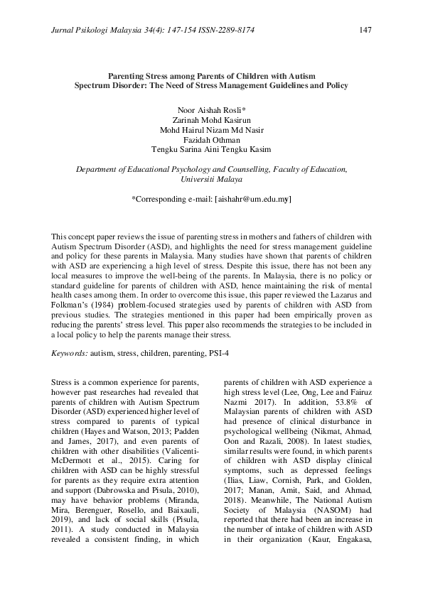 (PDF) Parenting Stress among Parents of Children with Autism Spectrum ...