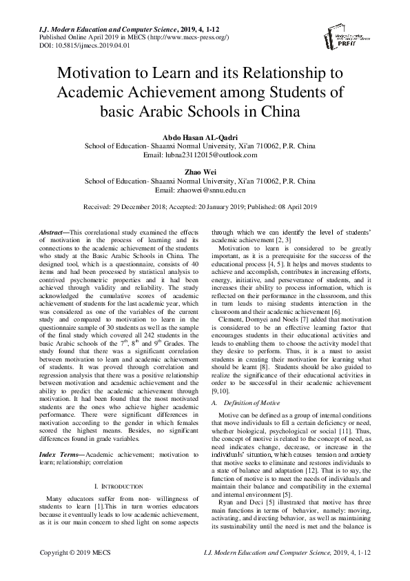 (PDF) Motivation to Learn and its Relationship to Academic Achievement ...