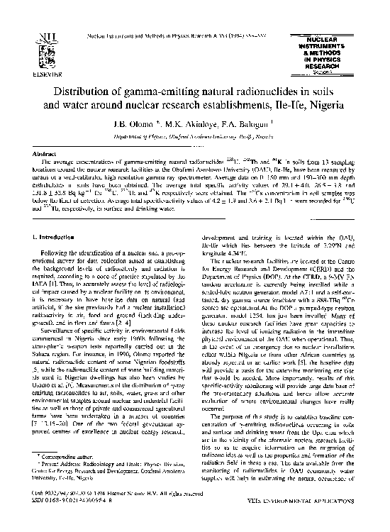 Distribution of gamma-emitting natural radionuclides in soils and water around nuclear research establishments, Ile-Ife, Nigeria
