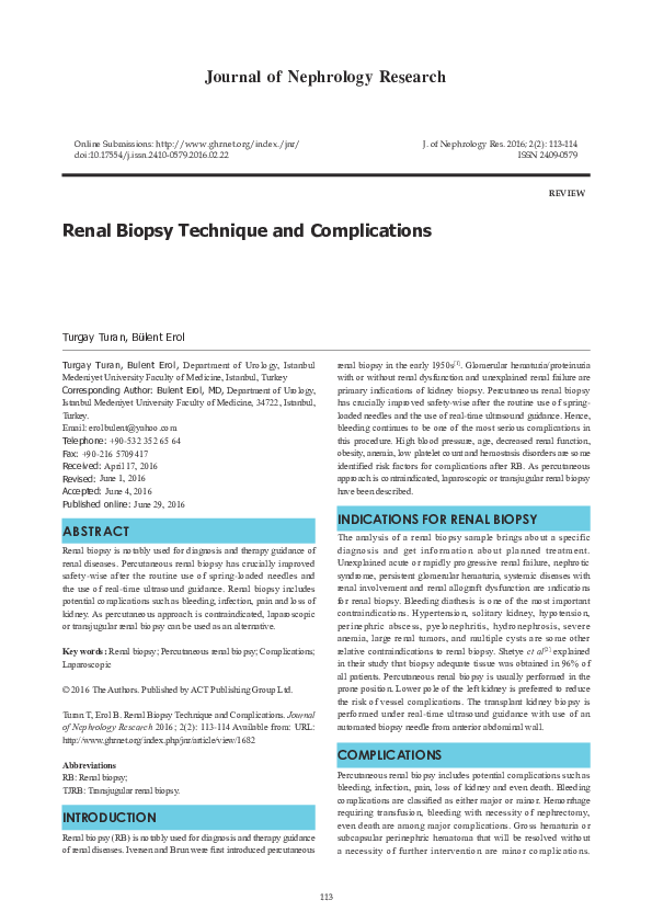 Pdf Renal Biopsy Technique And Complications Turgay Turan Pdf Renal Biopsy Technique And Complications Turgay Turan