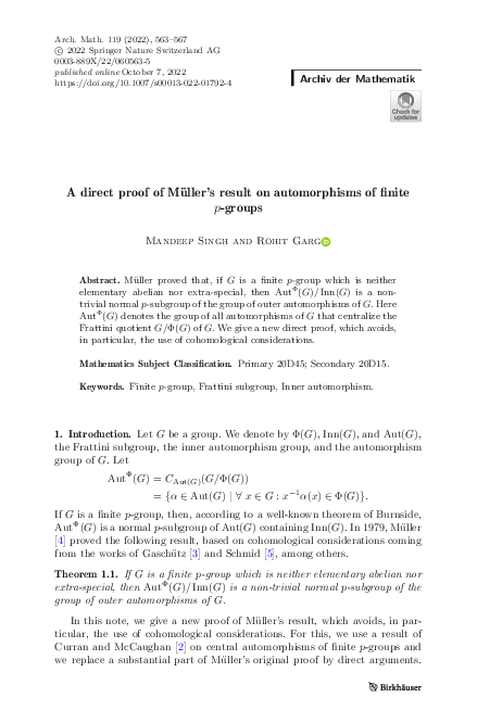(PDF) A direct proof of Müller's result on automorphisms of finite p-groups