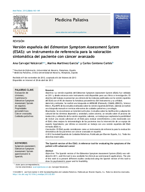 (PDF) Versión española del Edmonton Symptom Assessment Sytem (ESAS): un ...