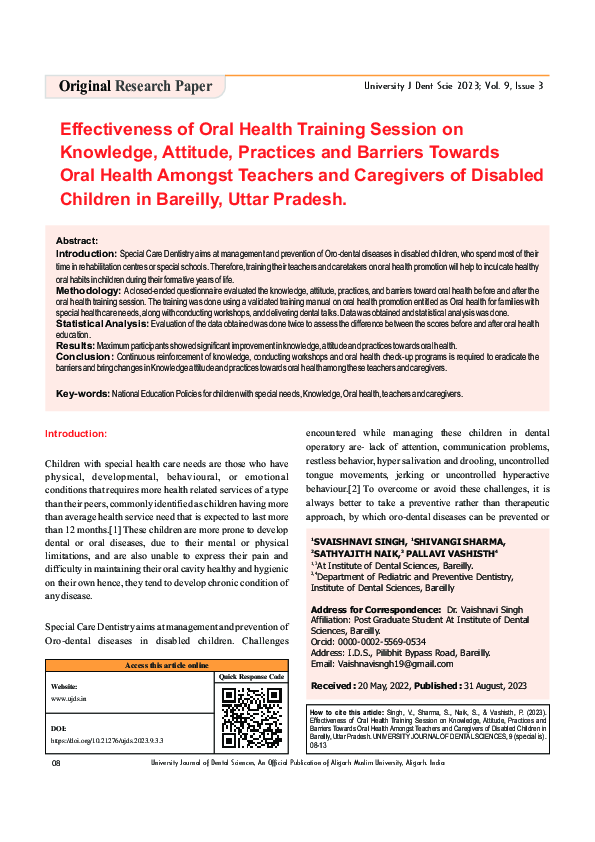 (PDF) Effectiveness of Oral Health Training Session on Knowledge ...