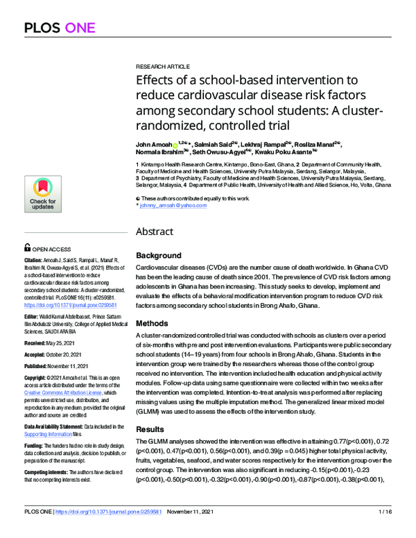 (PDF) Effects of a school-based intervention to reduce cardiovascular ...
