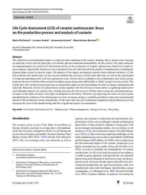 (PDF) Life Cycle Assessment (LCA) of ceramic sanitaryware: focus on the ...