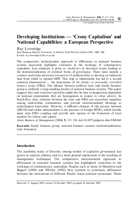 Developing Institutions — ‘Crony Capitalism’ and National Capabilities: a European Perspective
