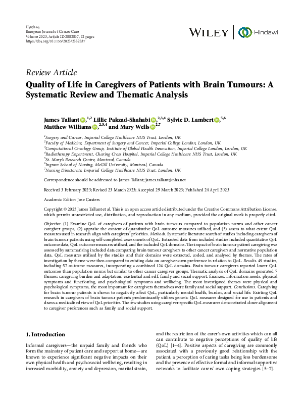 (PDF) Quality of Life in Caregivers of Patients with Brain Tumours: A ...
