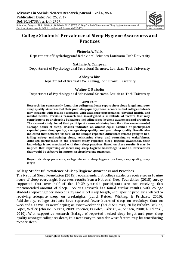 (PDF) College Students’ Prevalence of Sleep Hygiene Awareness and Practices