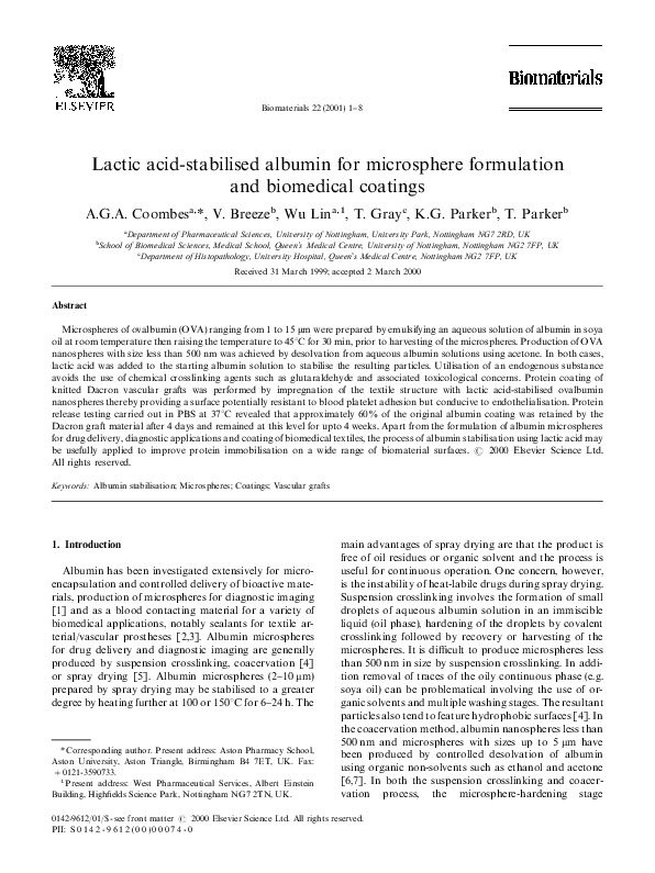 (PDF) Lactic acid-stabilised albumin for microsphere formulation and ...