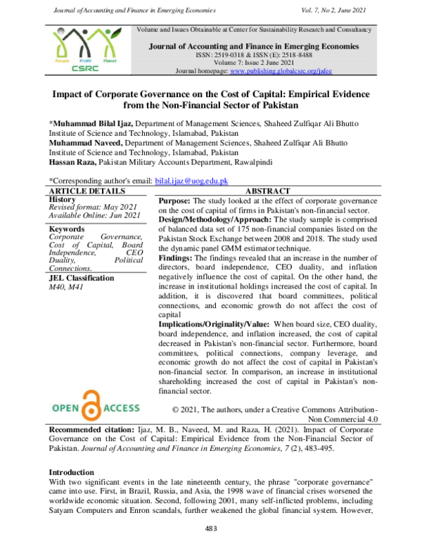 (PDF) Impact of Corporate Governance on the Cost of Capital: Empirical ...