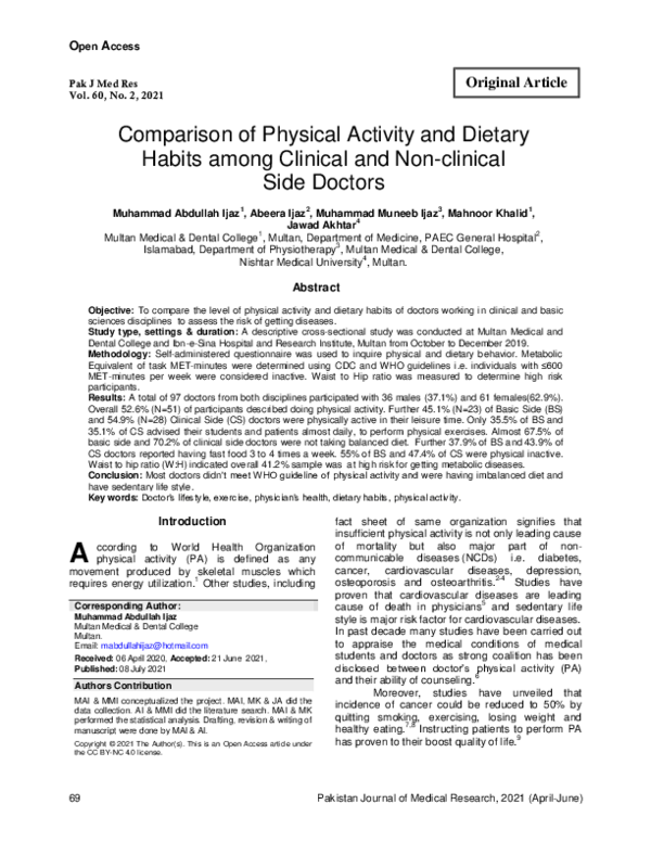 (PDF) Comparison of Physical Activity and Dietary Habits among Clinical ...