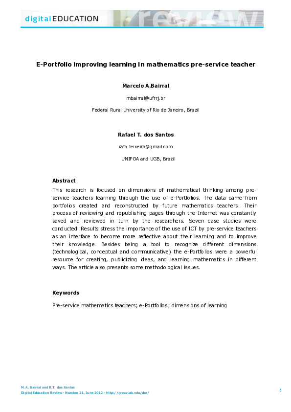 (PDF) E-Portfolio Improving Learning in Mathematics Pre-Service Teacher