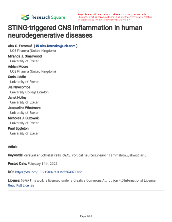 (PDF) STING-triggered CNS inflammation in human neurodegenerative diseases