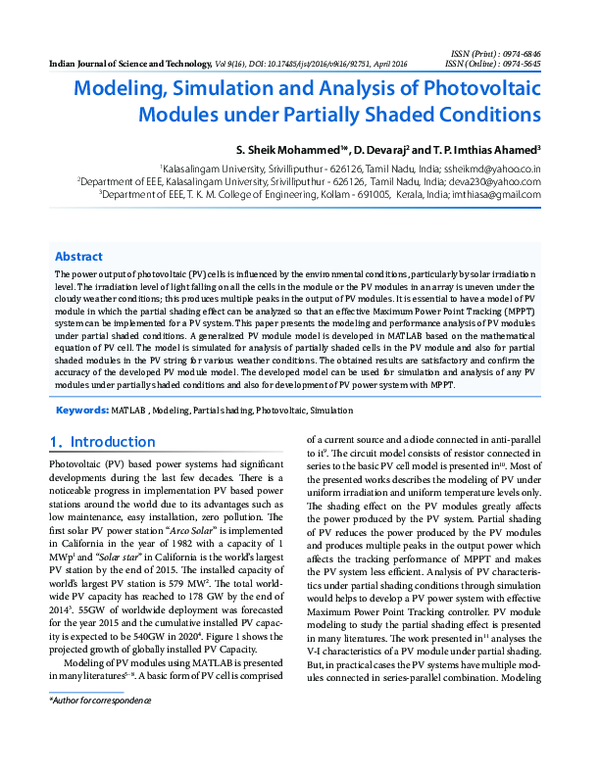 (PDF) Modeling, Simulation and Analysis of Photovoltaic Modules under ...